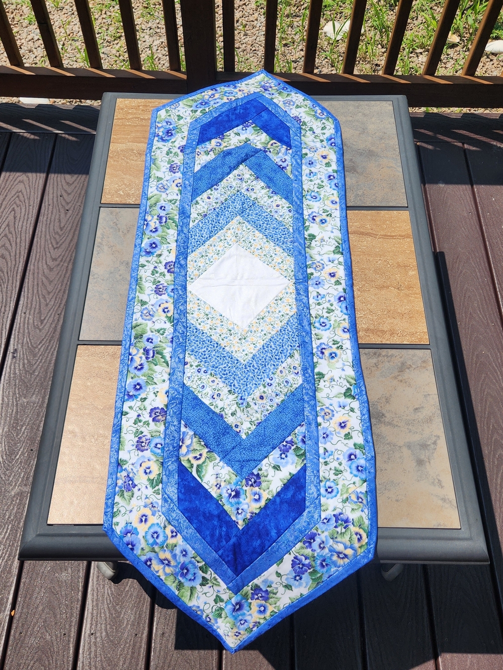 Handcrafted Blue & White Floral Quilted Reversible Table Runner with Pansies